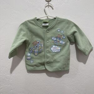 Duck Duck Goose Baby Girls Sweater 3-6 Months Green Cotton Airplanes Air Show